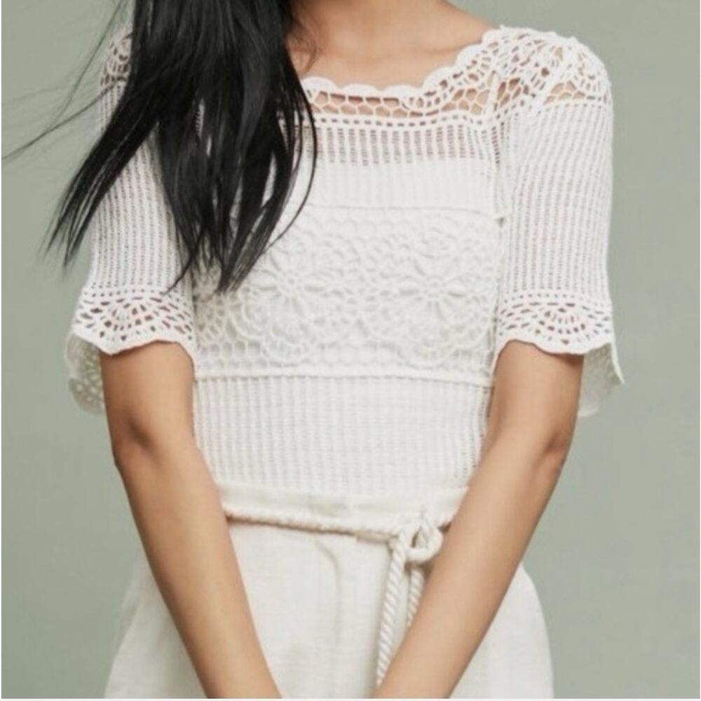 James Coviello Anthropologie Crochet Lace Top Boho Ivory Size L